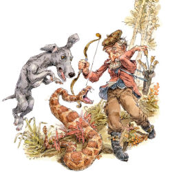 illustration of dog and hunter attacked by a snake